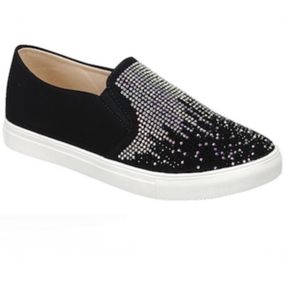 Shoes - Brushed Faux Leather Embellished Slip On Sneakers
